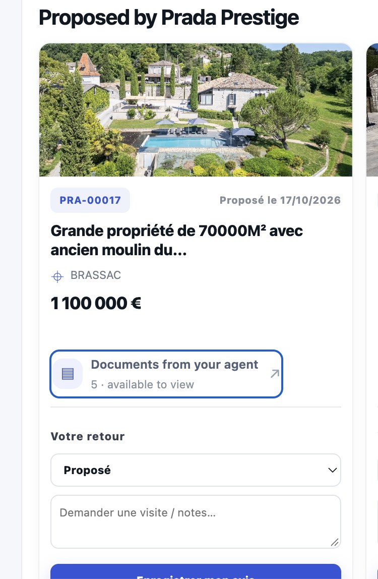 Proposition immobilière avec documents partagés par l’agent
